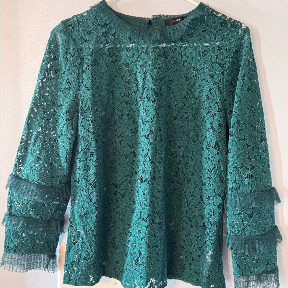 J. Crew Teal Lace Long-Sleeve Ruffle Coquette Blouse
